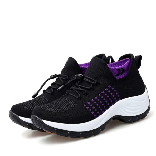 Women's Running Shoes - Black & Purple Mesh Lace-Up