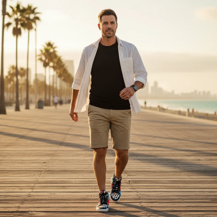 A man styling chino shorts that end above the knee with bold graphic high-top sneakers for a balanced summer look.