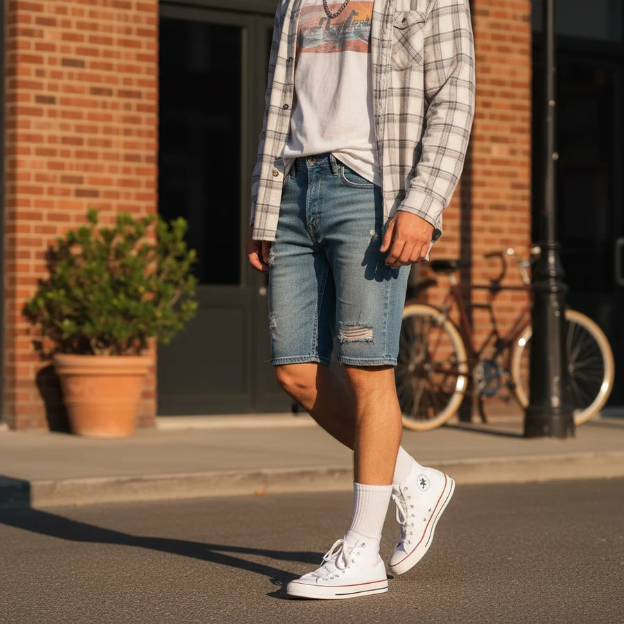 A person wearing shorts with crisp white crew socks and high-top sneakers, demonstrating the importance of the sock game.
