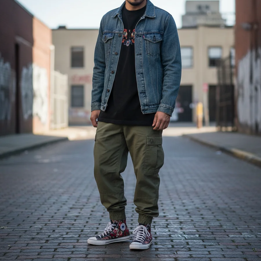 A streetwear outfit featuring baggy cargo pants bloused over high-top sneakers.