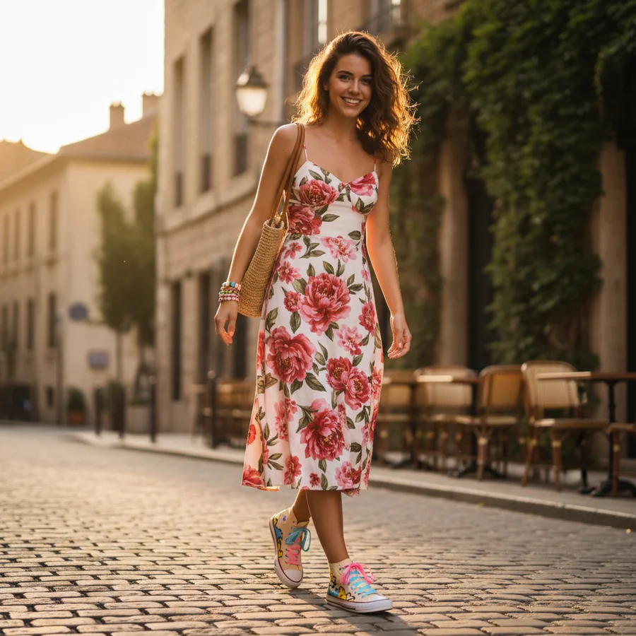 A woman looking stylish and happy wearing a floral sundress paired with custom canvas high-top sneakers.