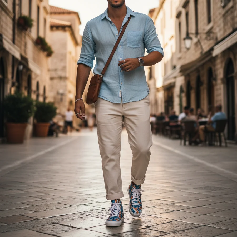 Man styling lightweight linen pants rolled at the ankle to showcase his custom high-top sneakers.
