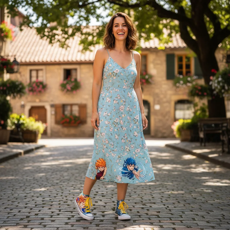 Woman wearing a flowy sundress with a pair of custom anime-themed high-top sneakers.